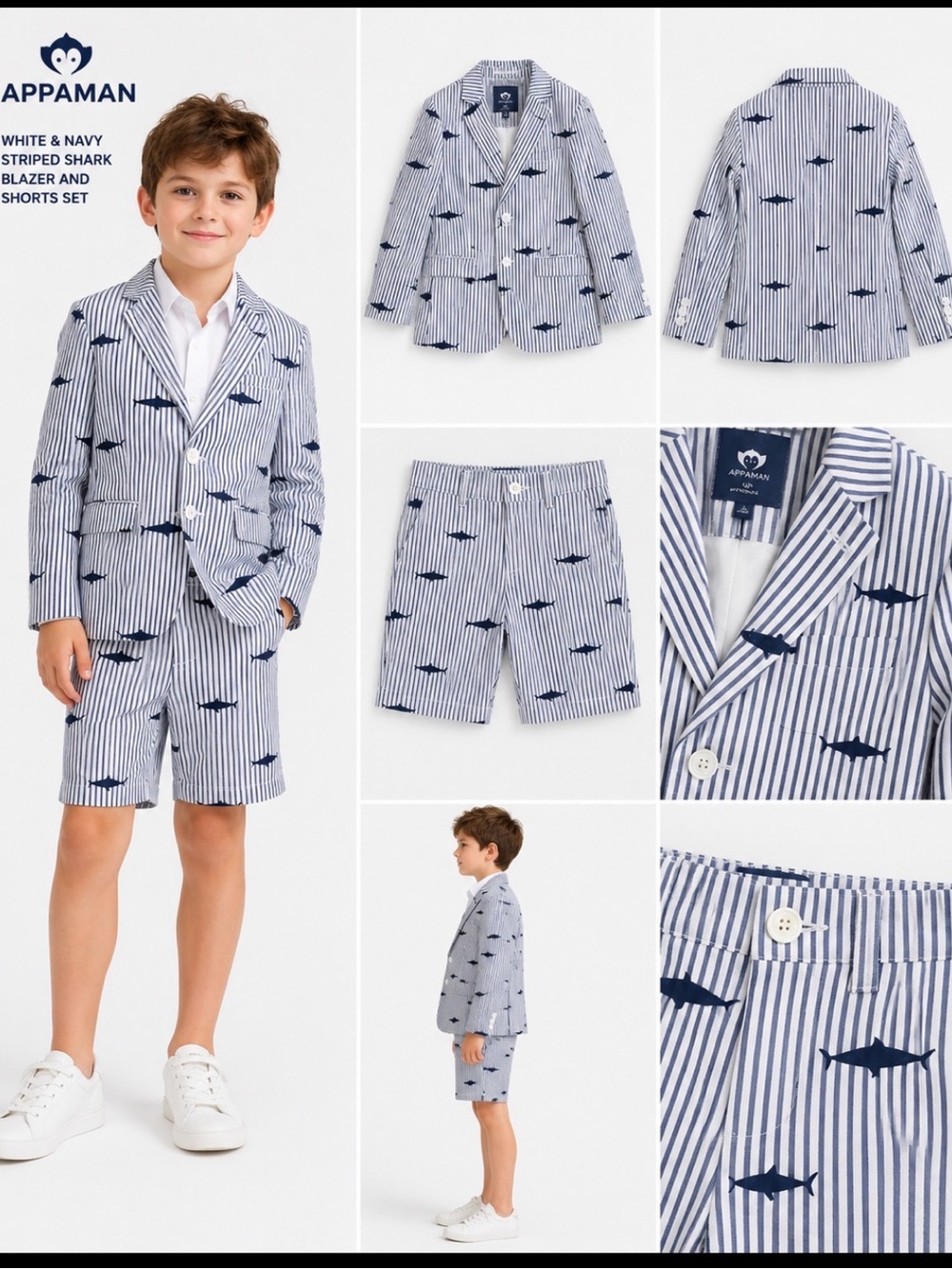 Appaman White & Navy Striped Shark  Blazer and Shorts Set
